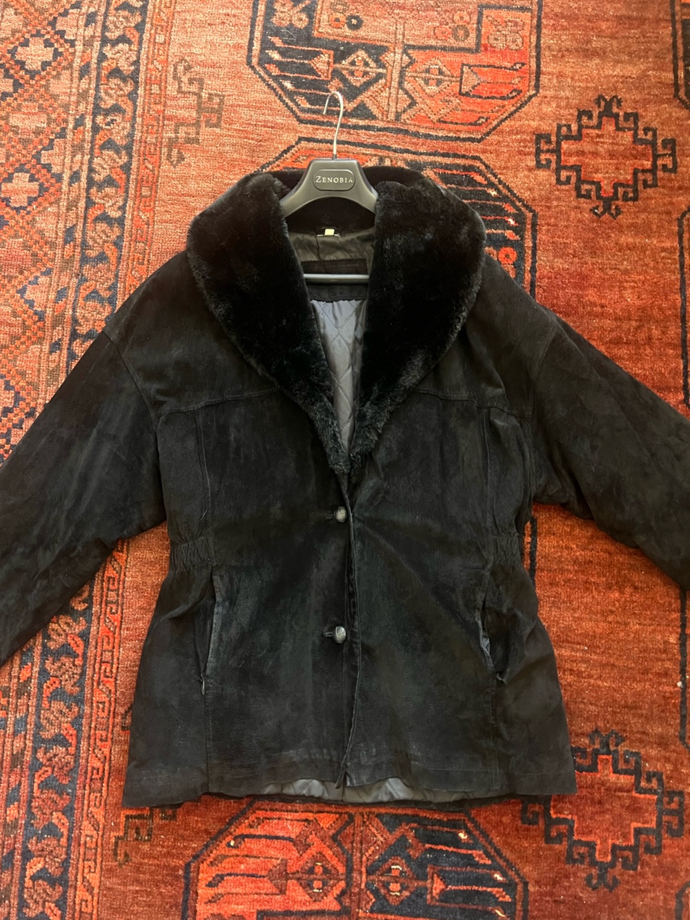 Vintage black suede coat faux fur collar, cinched waist.